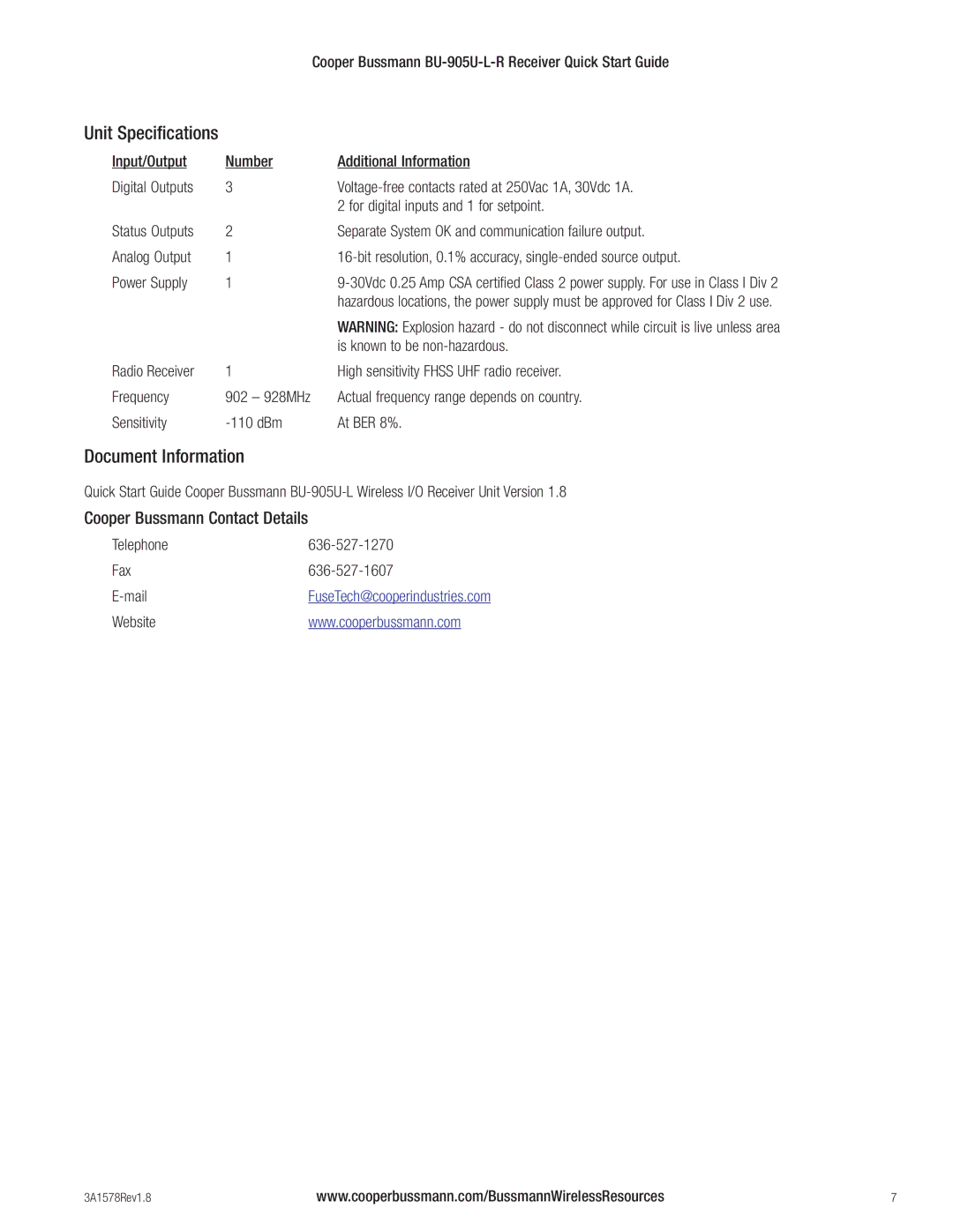 Cooper Bussmann BU-905U-L-R quick start Document Information, Unit Specifications 