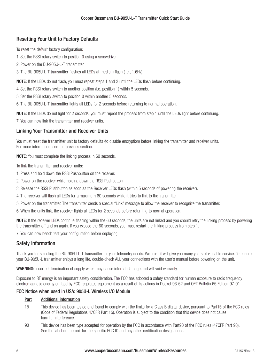 Cooper Bussmann BU-905U-L-T Resetting Your Unit to Factory Defaults, Linking Your Transmitter and Receiver Units 