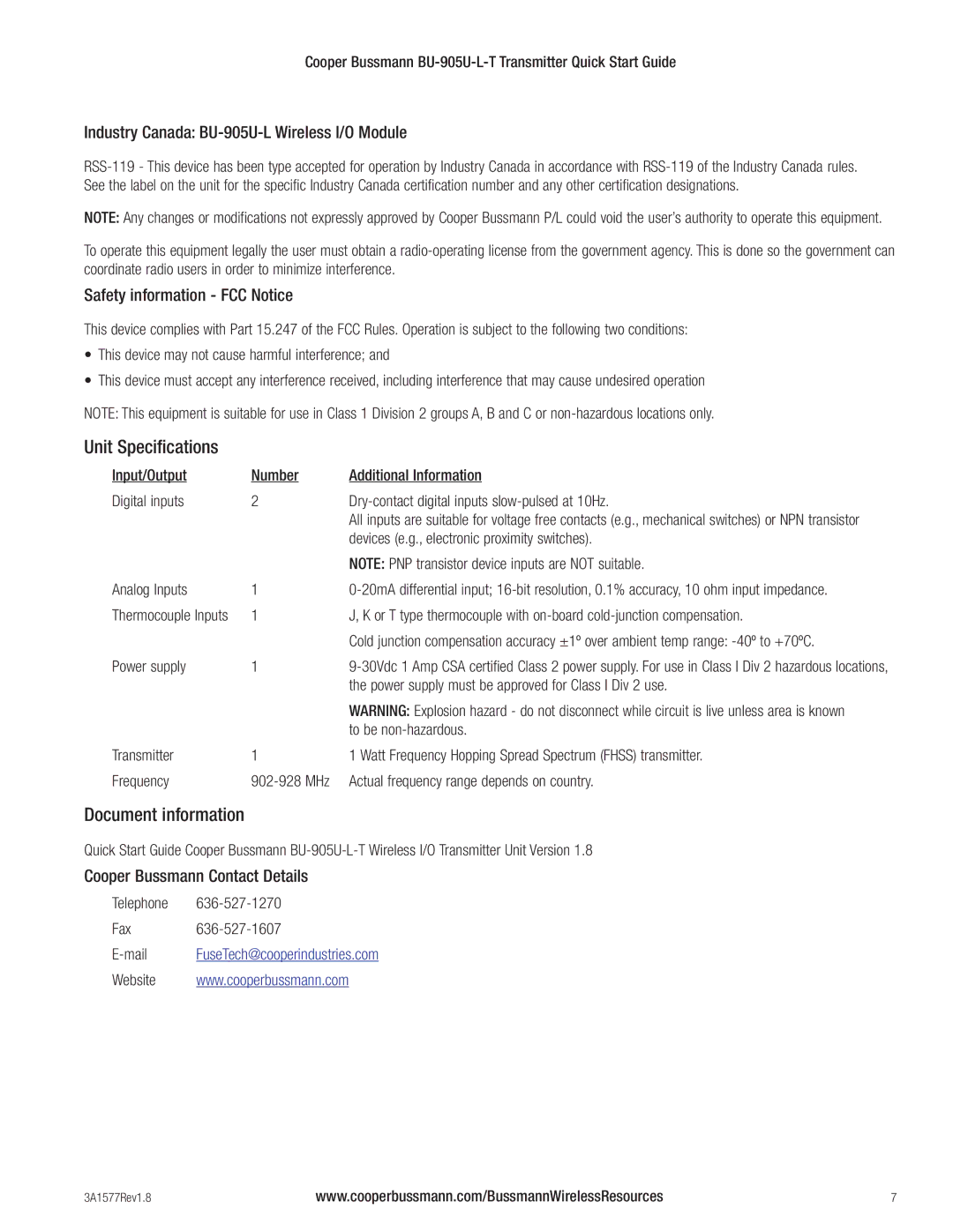 Cooper Bussmann BU-905U-L-T Unit Specifications, Document information, Industry Canada BU-905U-L Wireless I/O Module 