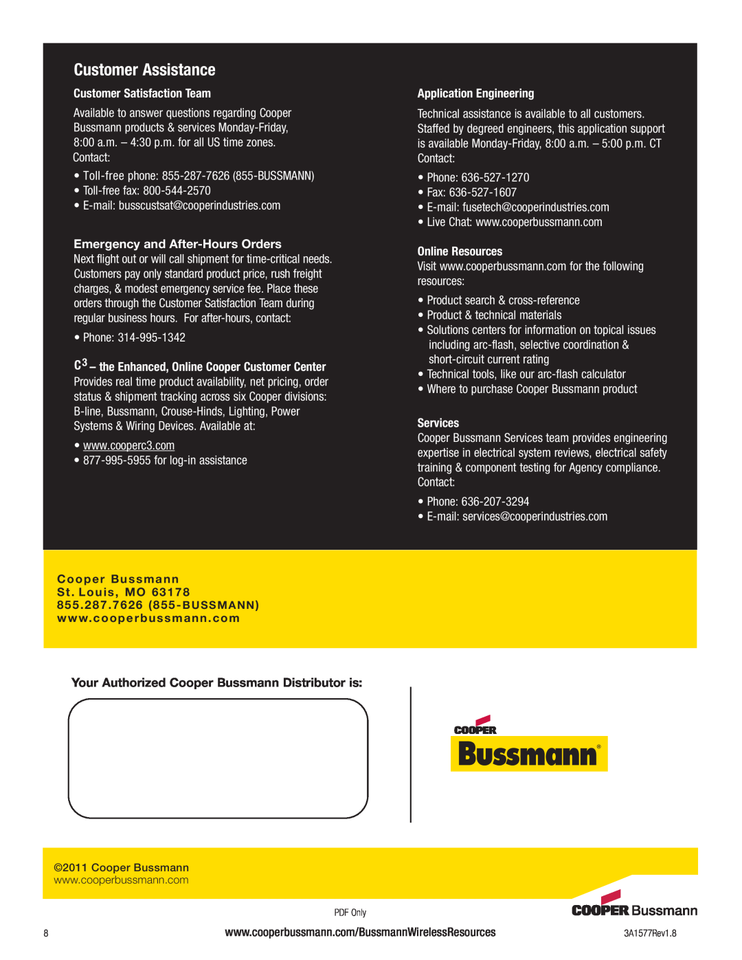 Cooper Bussmann BU-905U-L-T Customer Assistance, Customer Satisfaction Team, Emergency and After-HoursOrders, Services 