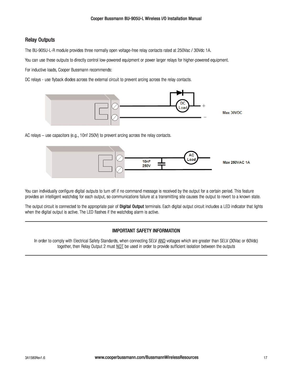 Cooper Bussmann BU-905U-L installation manual Relay Outputs, Important Safety Information 