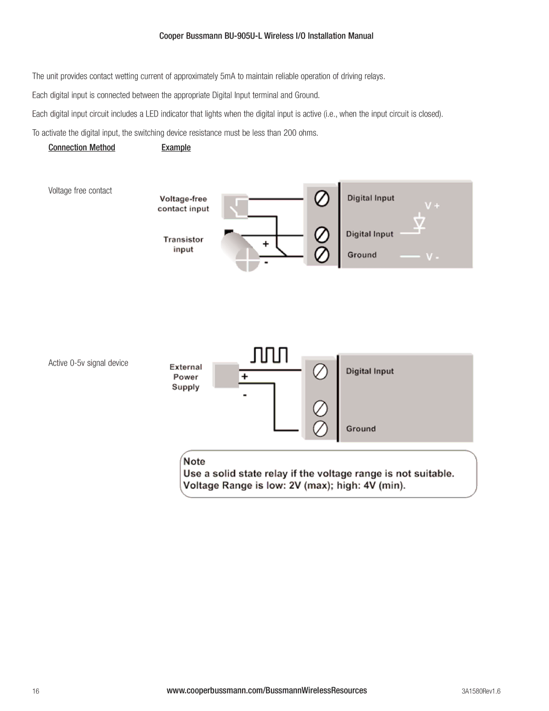 Cooper Bussmann BU-905U-L installation manual Connection Method, Voltage free contact Active 0-5v signal device 