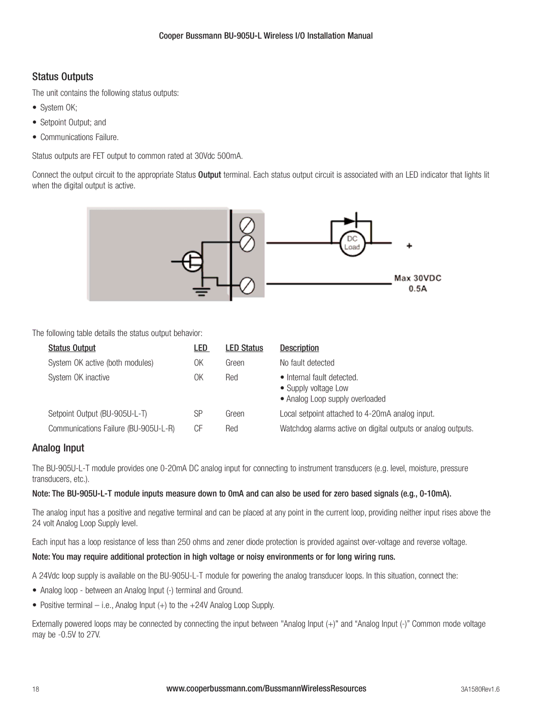 Cooper Bussmann BU-905U-L installation manual Status Outputs, Analog Input 