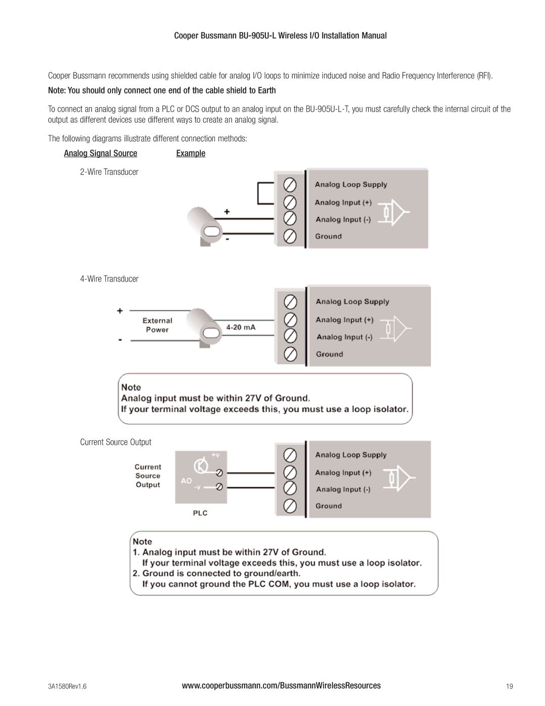 Cooper Bussmann BU-905U-L installation manual Wire Transducer Current Source Output 