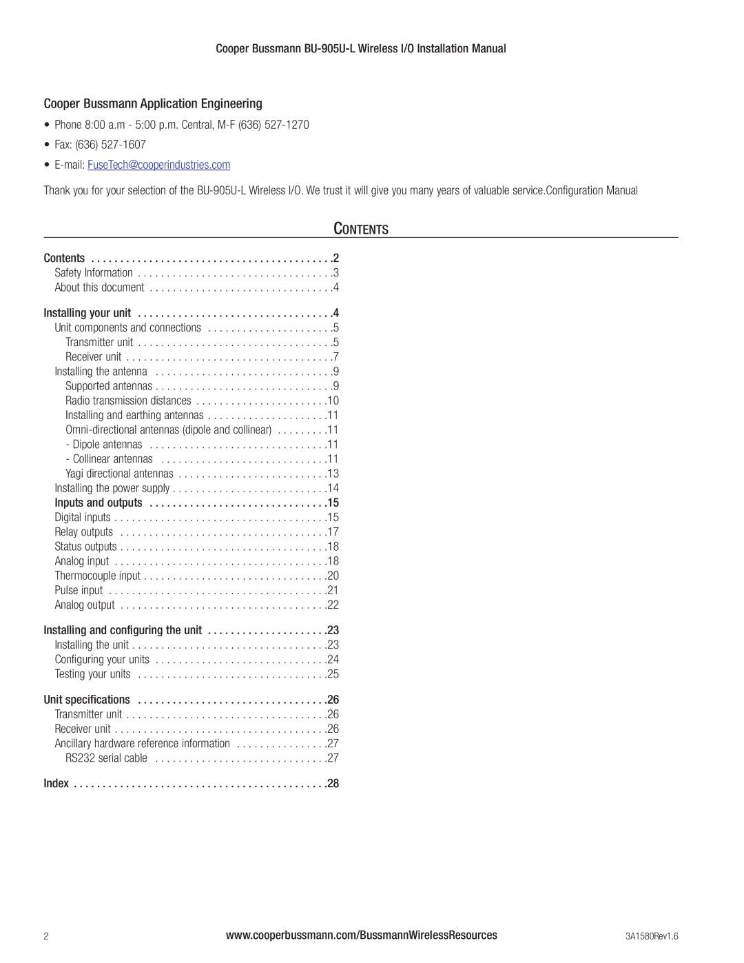 Cooper Bussmann BU-905U-L installation manual Cooper Bussmann Application Engineering, Contents 