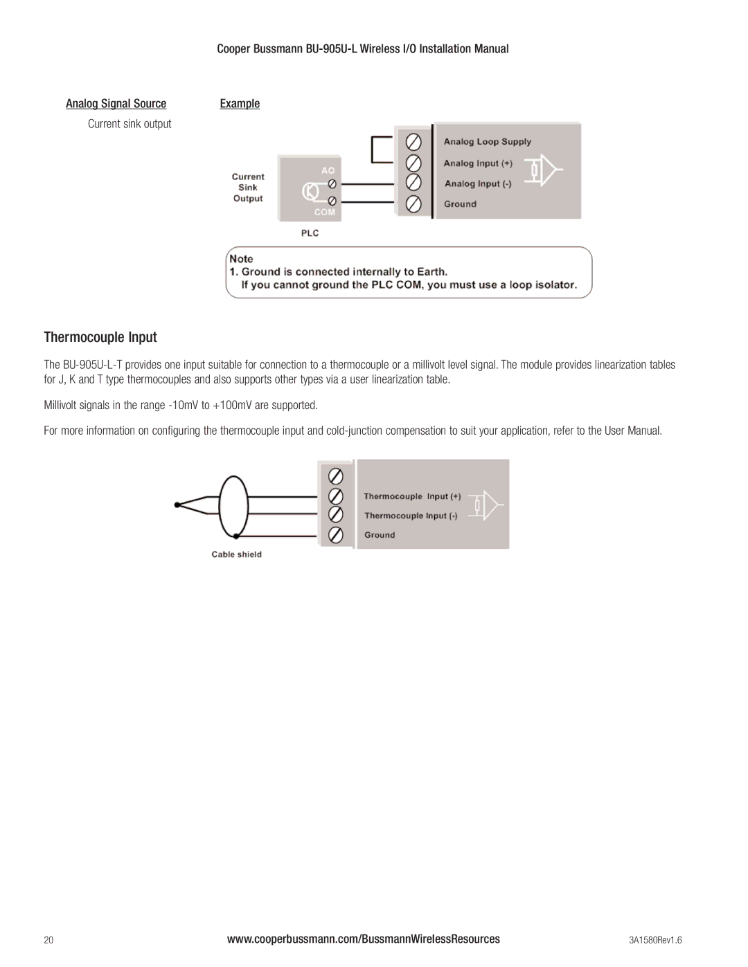 Cooper Bussmann BU-905U-L installation manual Thermocouple Input, Current sink output 