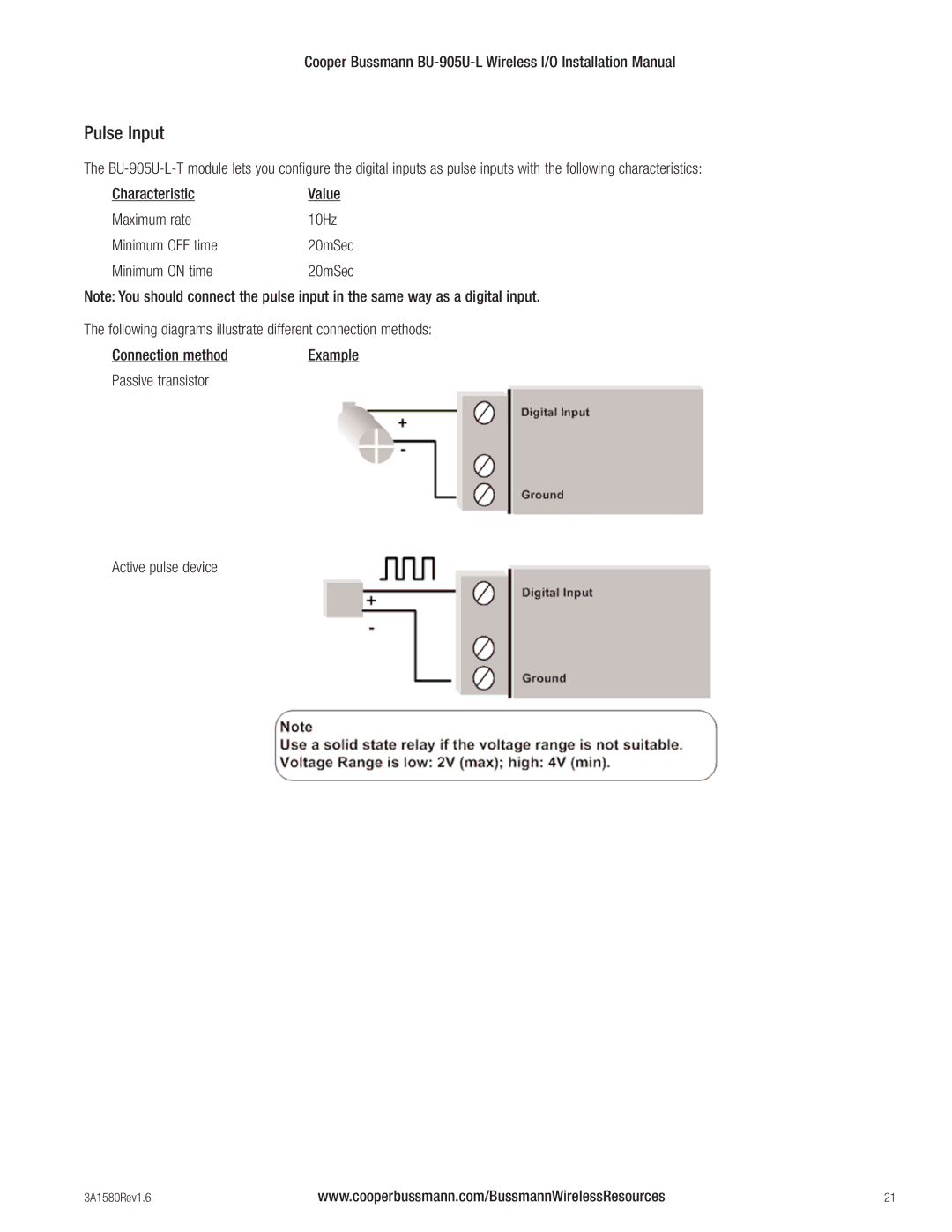 Cooper Bussmann BU-905U-L installation manual Pulse Input, Minimum on time, Passive transistor Active pulse device 