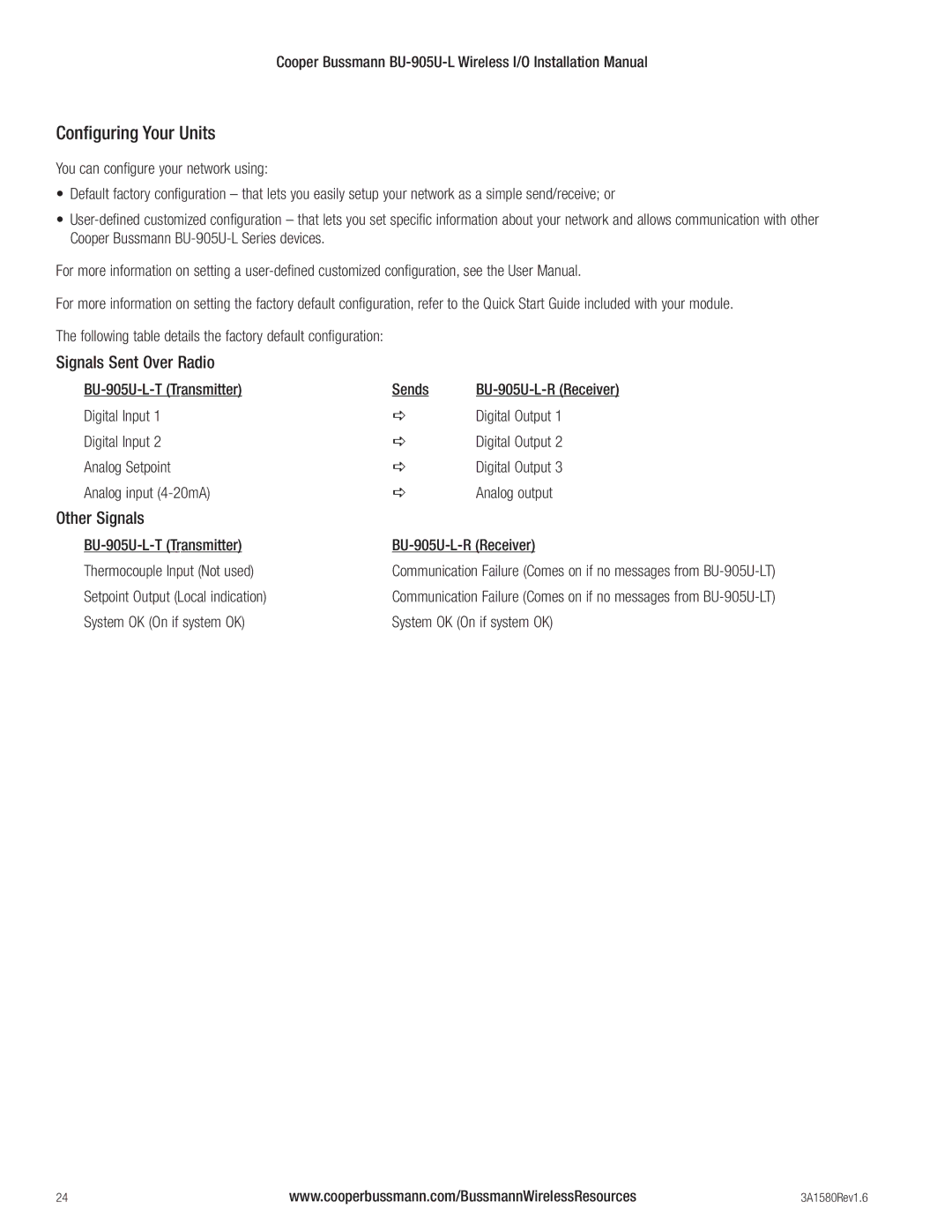 Cooper Bussmann BU-905U-L installation manual Configuring Your Units, Signals Sent Over Radio, Other Signals, Sends 