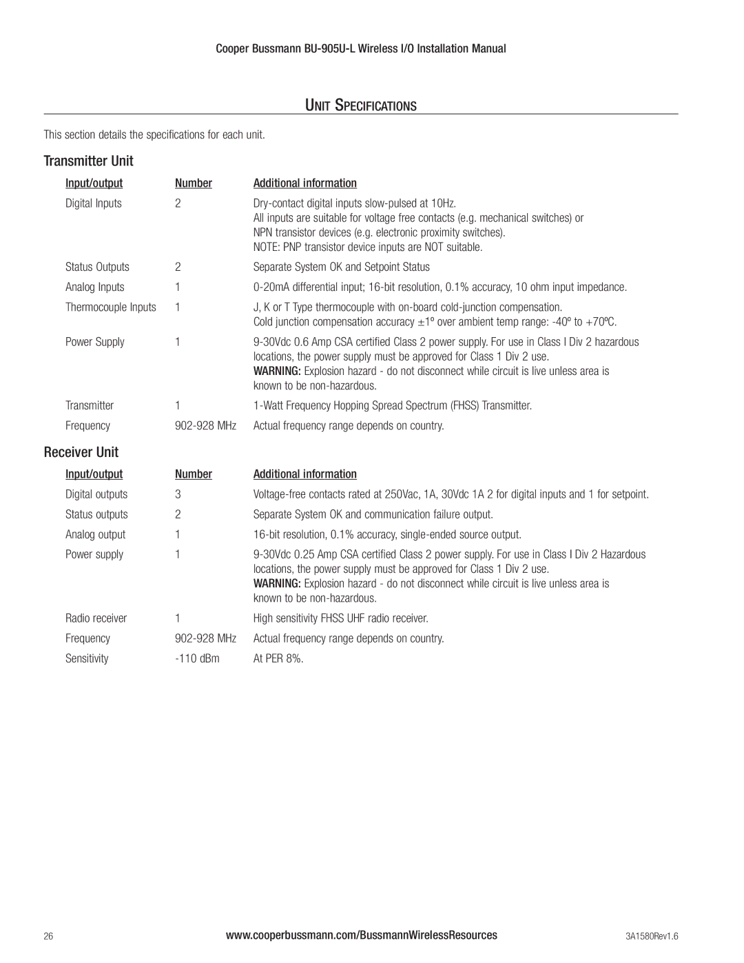 Cooper Bussmann BU-905U-L installation manual Transmitter Unit, Receiver Unit, Unit Specifications 