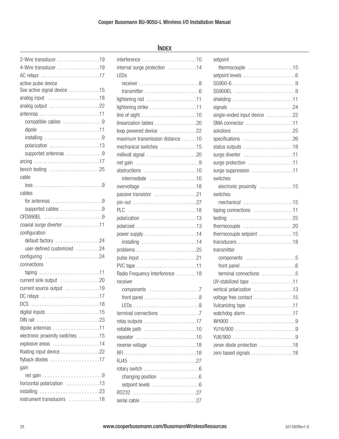 Cooper Bussmann BU-905U-L installation manual Index, Configuration, Connections, Receiver 