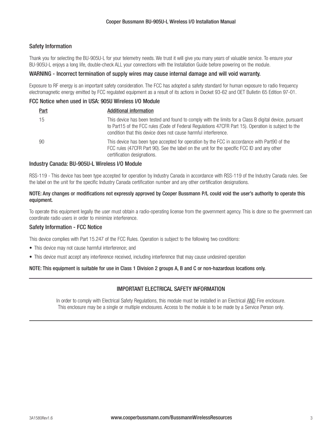 Cooper Bussmann BU-905U-L installation manual Safety Information, FCC Notice when used in USA 905U Wireless I/O Module 