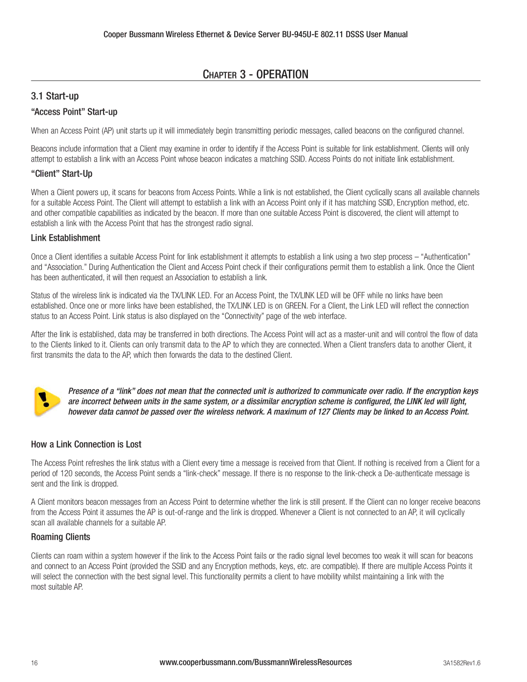 Cooper Bussmann BU-945U-E 802.11 DSSS user manual Start-up 