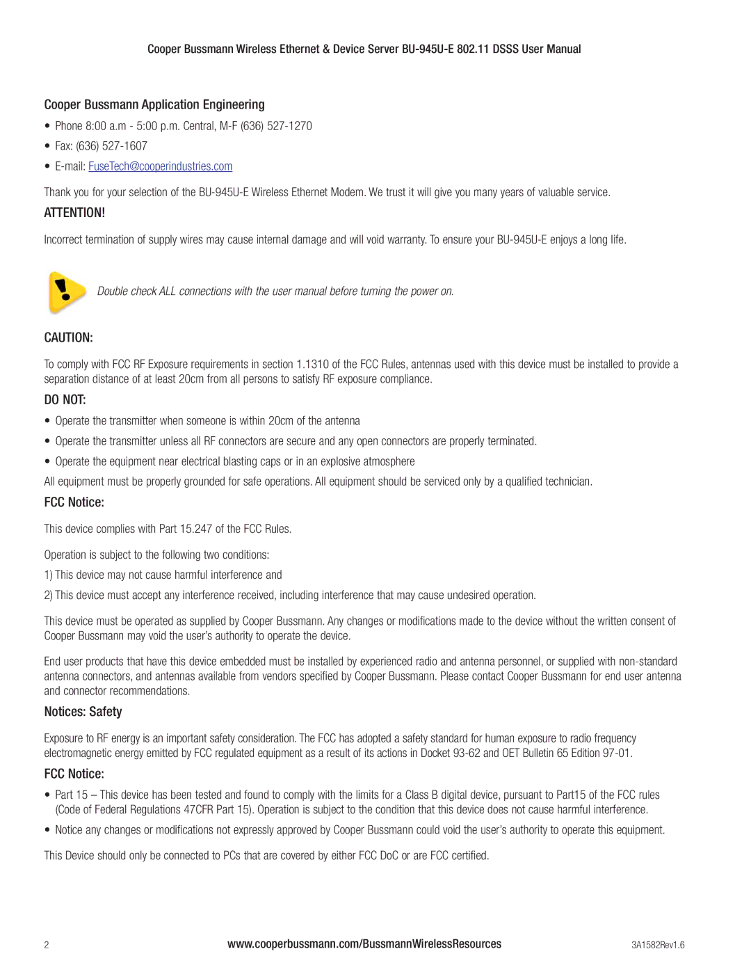 Cooper Bussmann BU-945U-E 802.11 DSSS user manual Cooper Bussmann Application Engineering, FCC Notice 