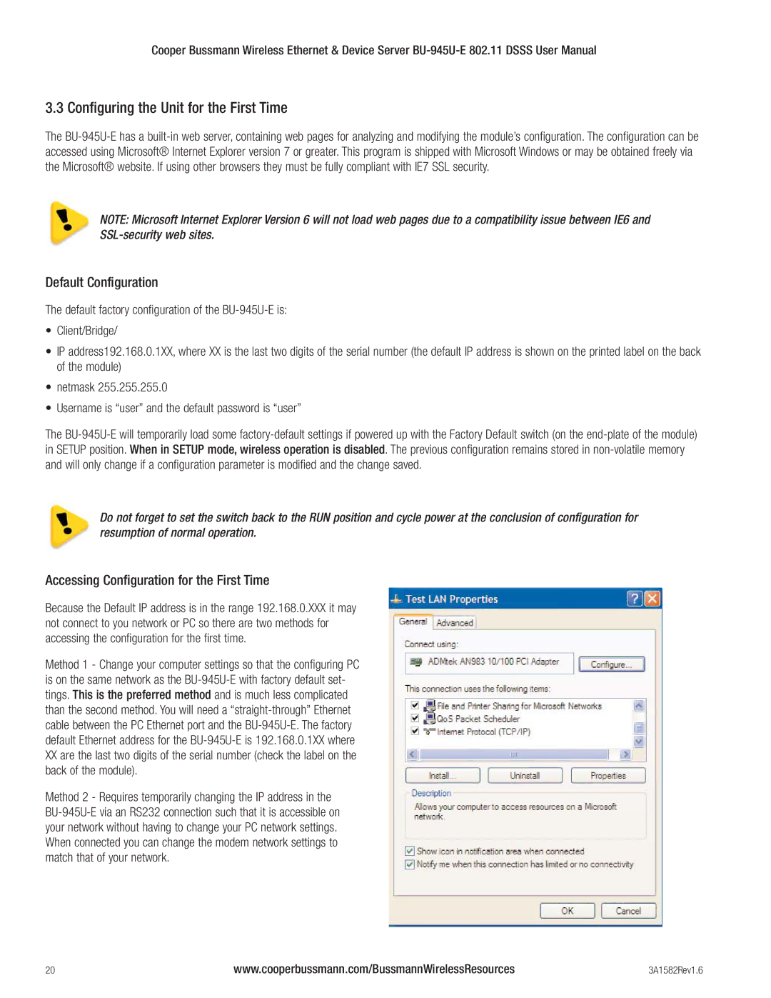 Cooper Bussmann BU-945U-E 802.11 DSSS user manual Configuring the Unit for the First Time, Default Configuration 