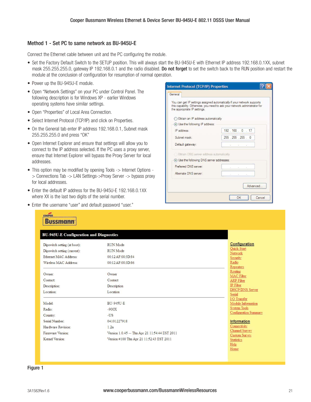 Cooper Bussmann BU-945U-E 802.11 DSSS Method 1 Set PC to same network as BU-945U-E, Power up the BU-945U-E module 