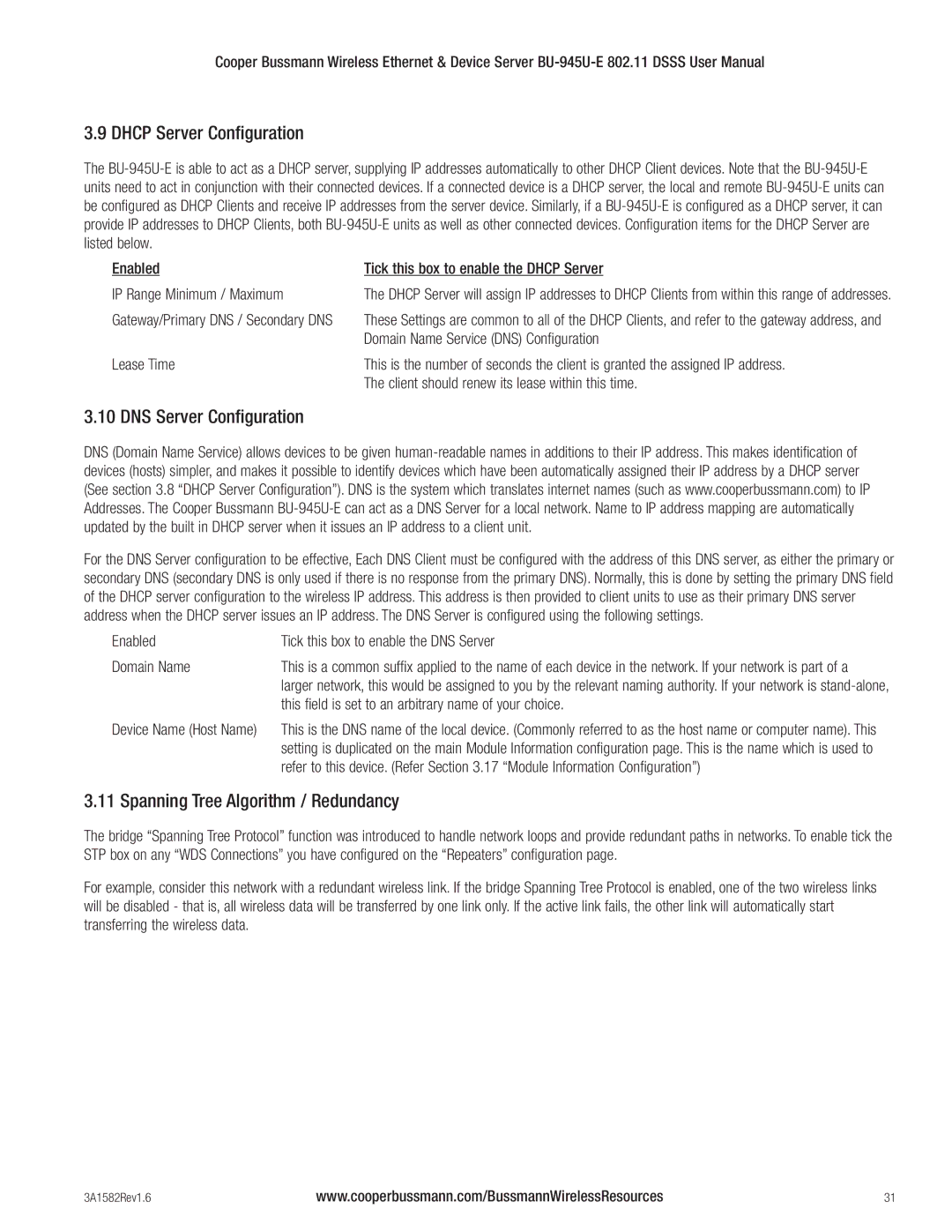 Cooper Bussmann BU-945U-E 802.11 DSSS user manual Dhcp Server Configuration, DNS Server Configuration 