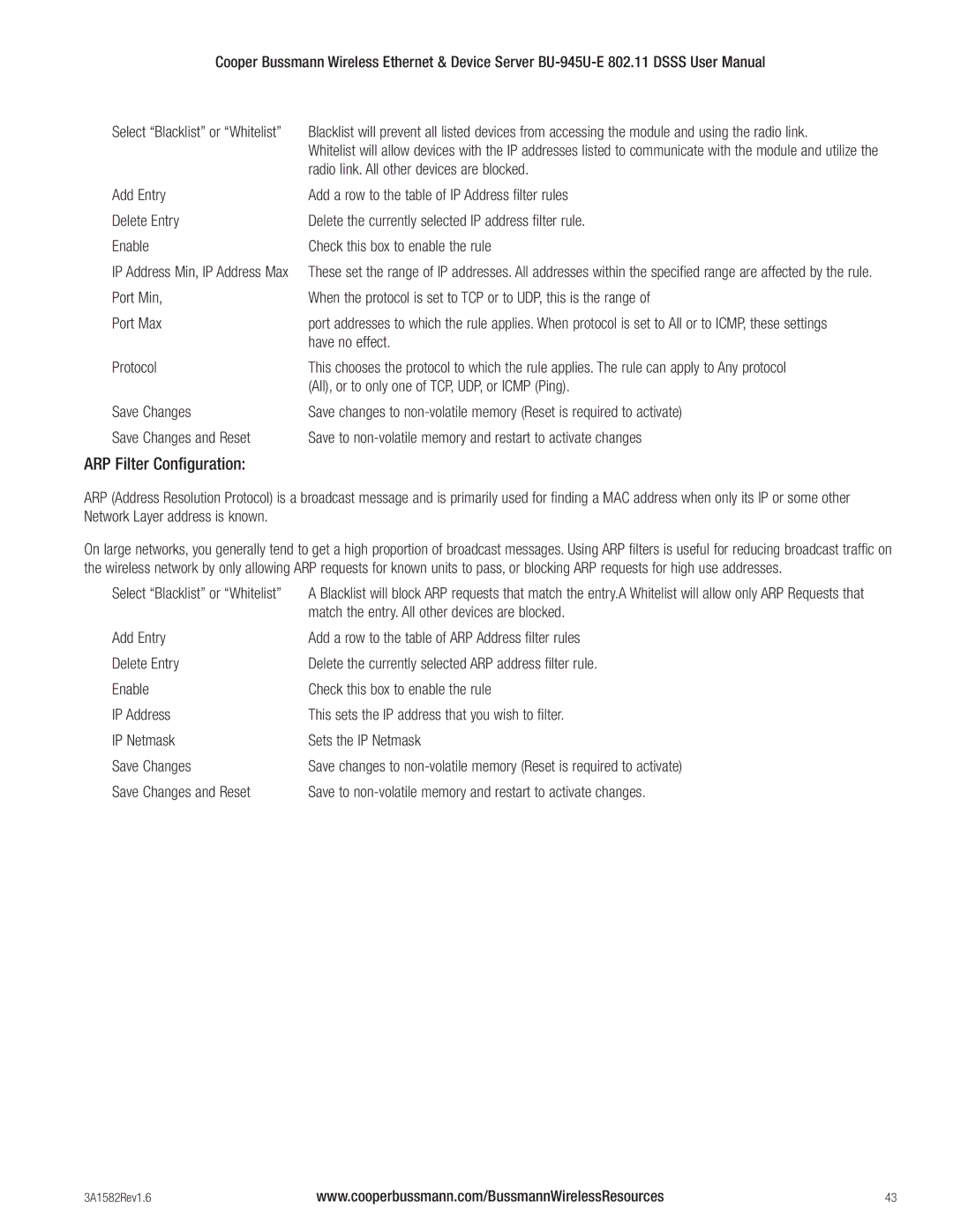 Cooper Bussmann BU-945U-E 802.11 DSSS user manual ARP Filter Configuration 