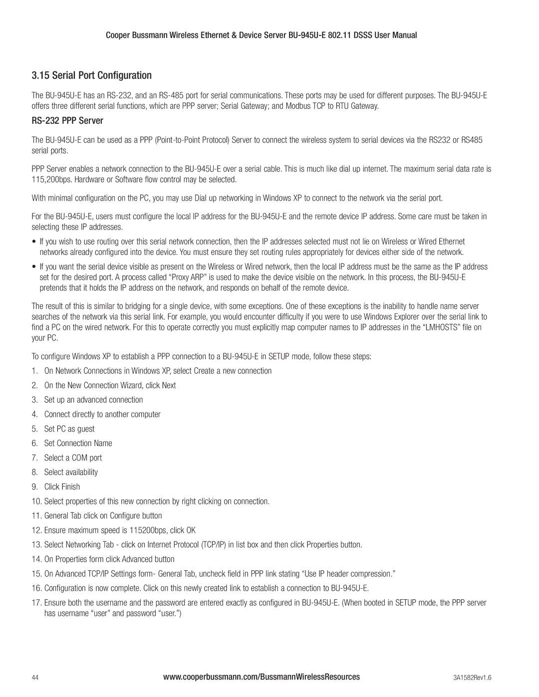 Cooper Bussmann BU-945U-E 802.11 DSSS user manual Serial Port Configuration, RS-232 PPP Server 