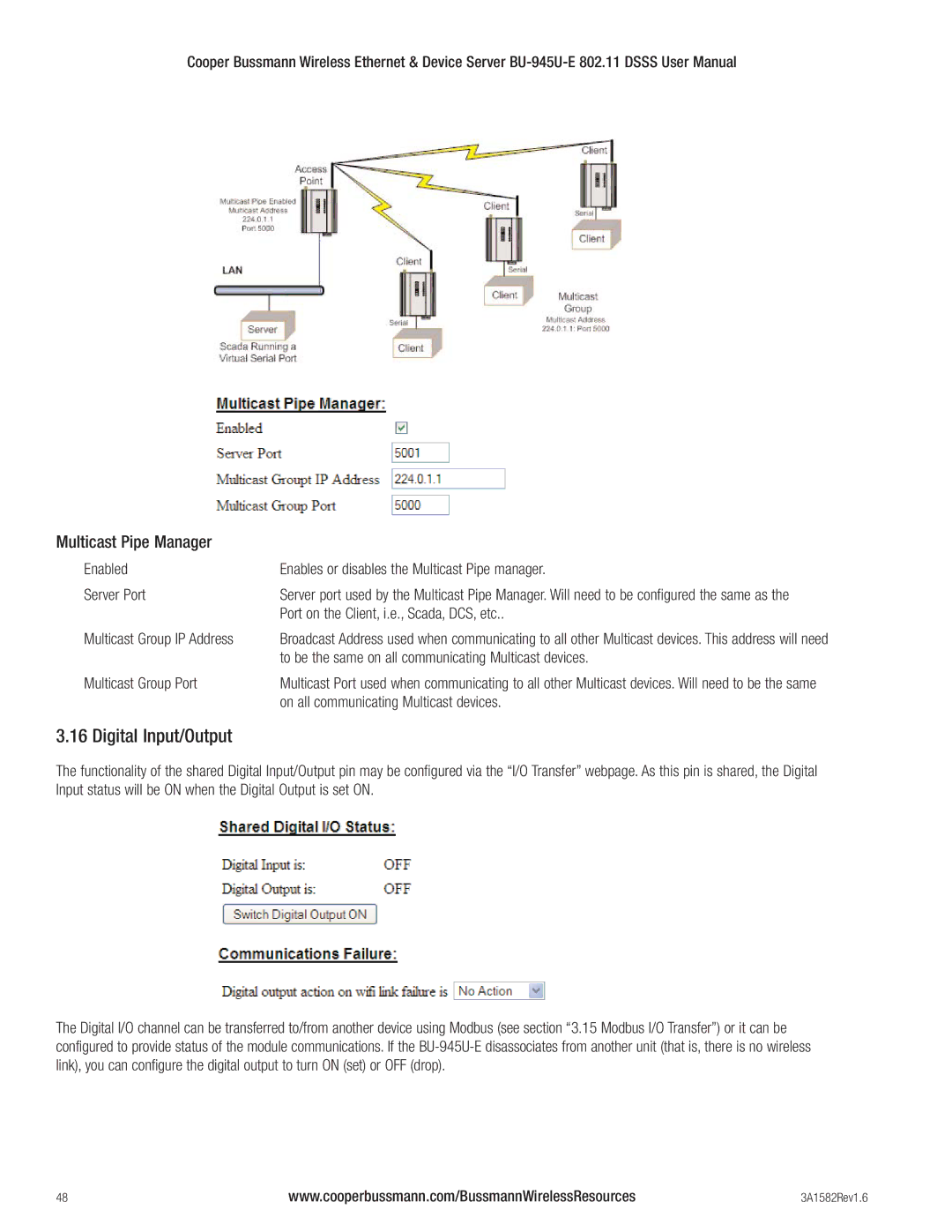 Cooper Bussmann BU-945U-E 802.11 DSSS user manual Digital Input/Output, Port on the Client, i.e., Scada, DCS, etc 