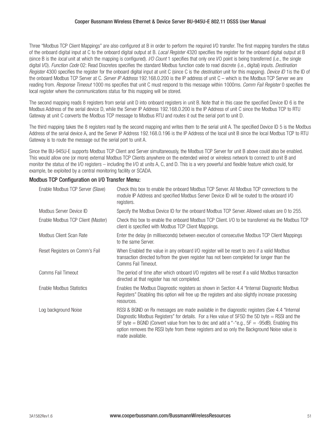 Cooper Bussmann BU-945U-E 802.11 DSSS user manual Modbus TCP Configuration on I/O Transfer Menu 