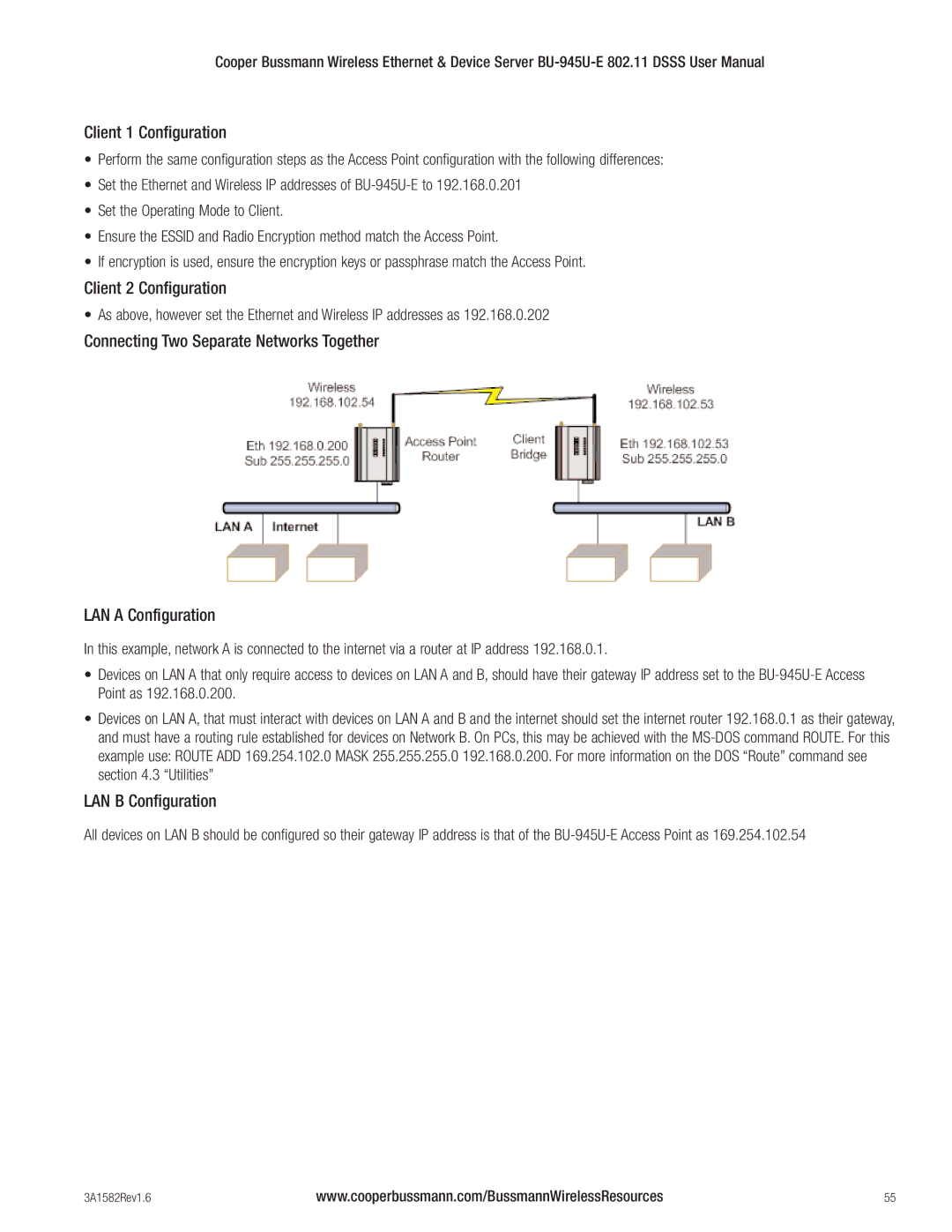 Cooper Bussmann BU-945U-E 802.11 DSSS user manual Client 1 Configuration, Client 2 Configuration, LAN B Configuration 