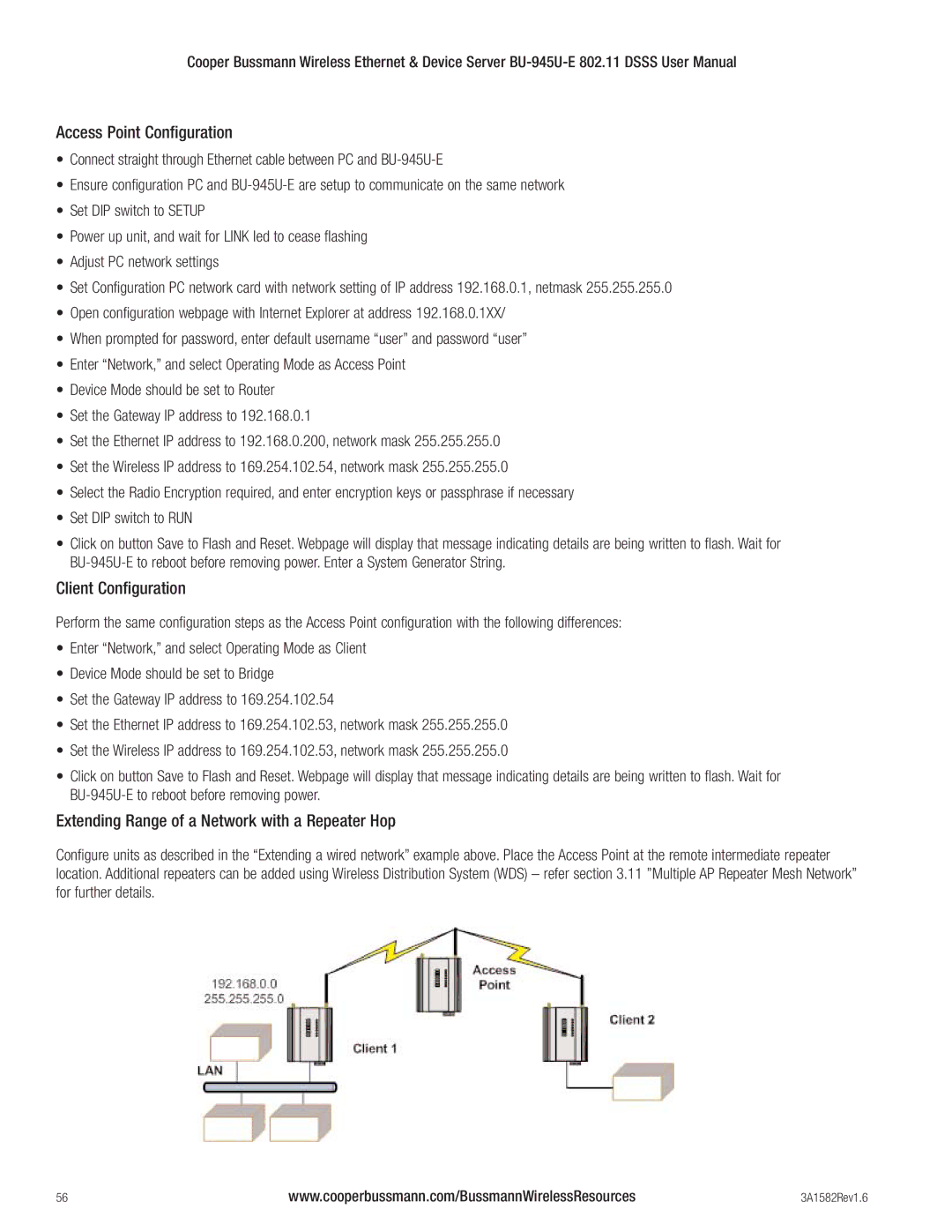 Cooper Bussmann BU-945U-E 802.11 DSSS user manual Access Point Configuration, Client Configuration 