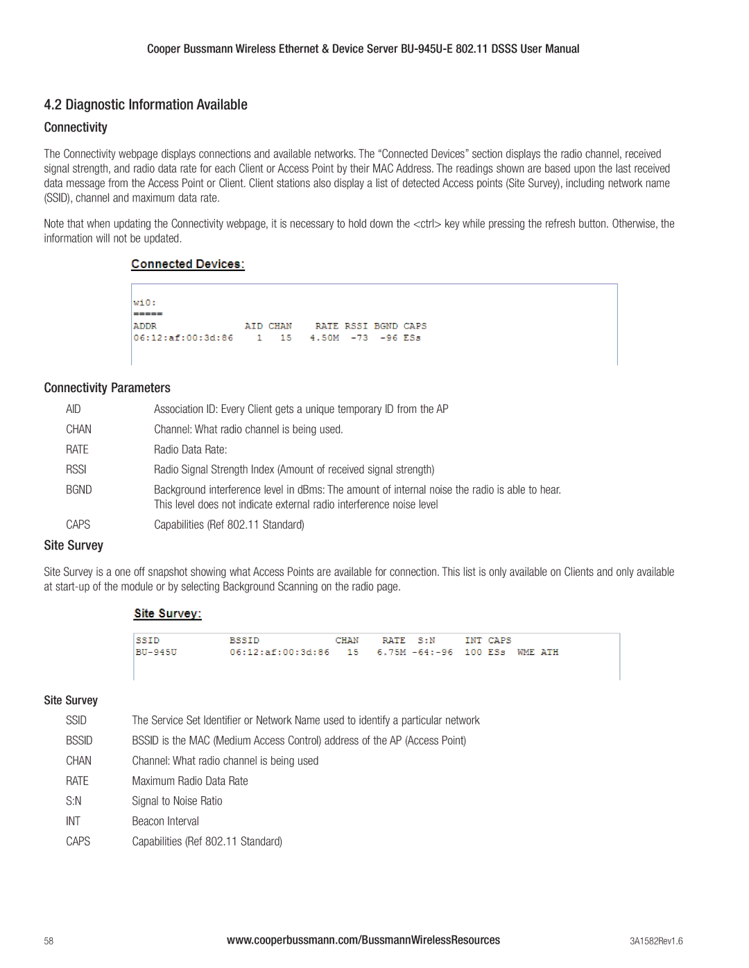 Cooper Bussmann BU-945U-E 802.11 DSSS Diagnostic Information Available, Connectivity Parameters, Site Survey 