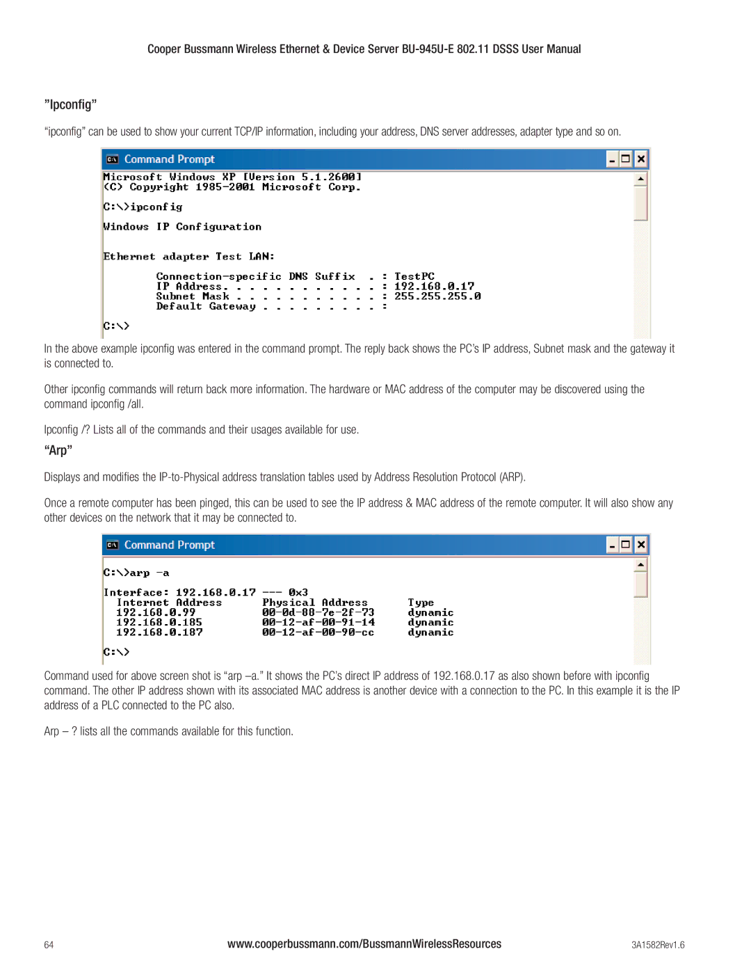 Cooper Bussmann BU-945U-E 802.11 DSSS user manual Ipconfig, Arp 