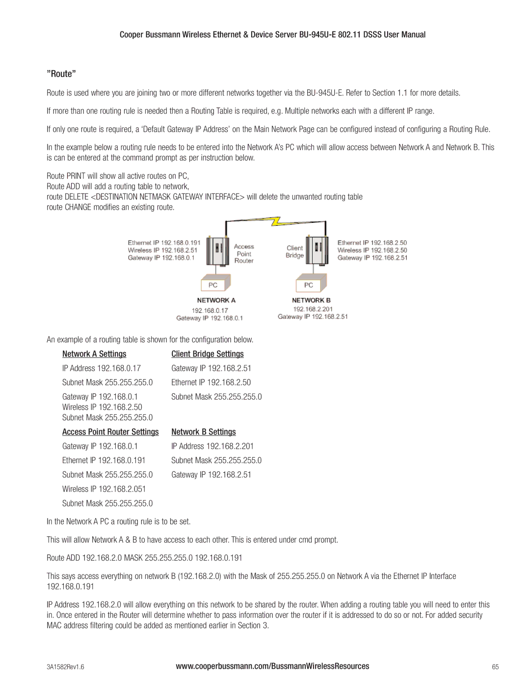 Cooper Bussmann BU-945U-E 802.11 DSSS user manual Route 