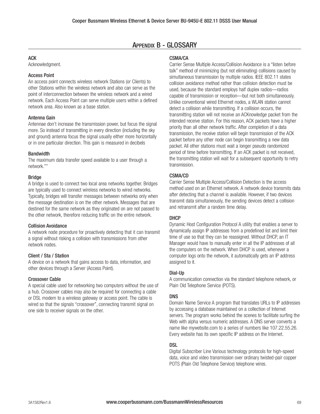 Cooper Bussmann BU-945U-E 802.11 DSSS user manual Ack, Csma/Ca, Csma/Cd, Dhcp, Dns Dsl 