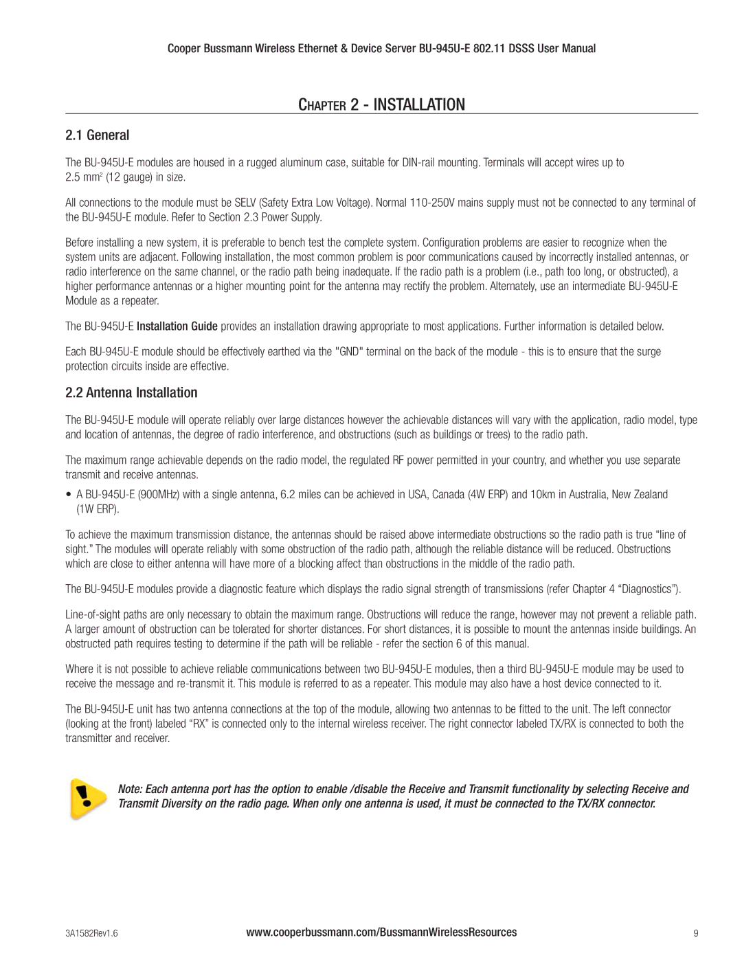 Cooper Bussmann BU-945U-E 802.11 DSSS user manual General, Antenna Installation 