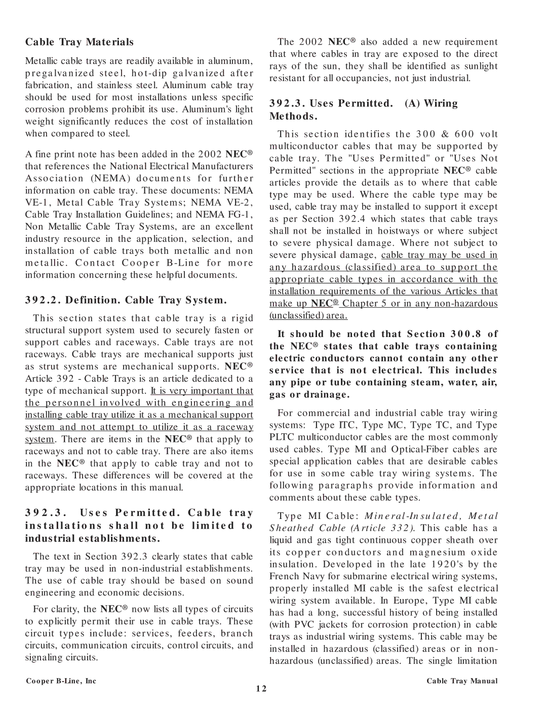 Cooper Bussmann CT02MAN manual Cable Tray Materials, Definition. Cable Tray System, Uses Permitted. a Wiring Methods 