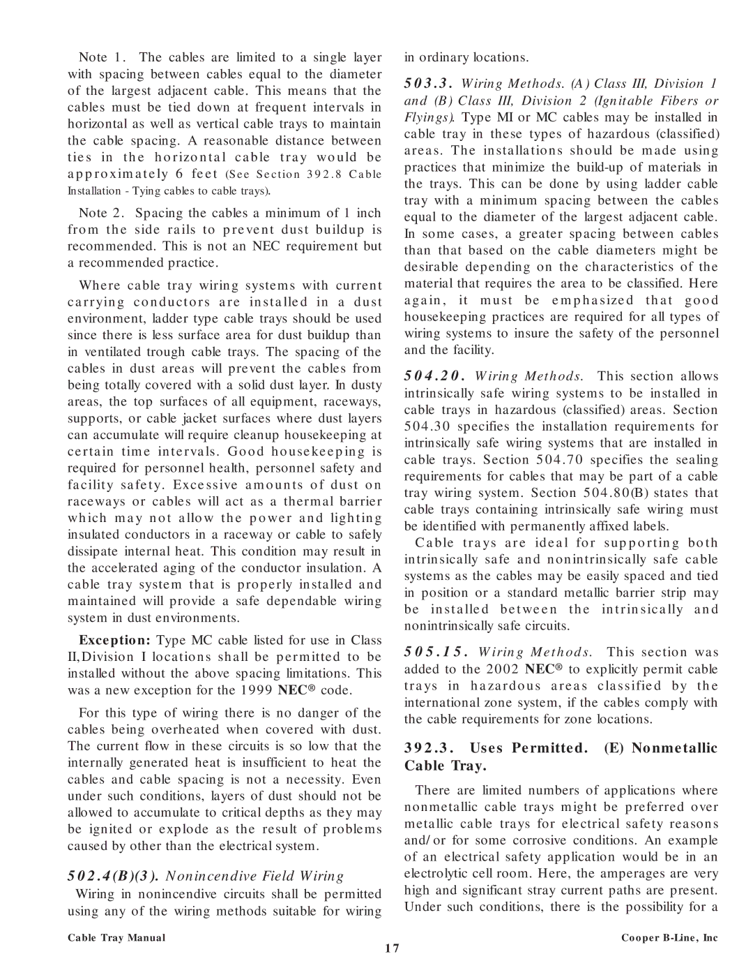 Cooper Bussmann CT02MAN manual 502.4B3. Nonincendive Field Wiring, Uses Permitted. E Nonmetallic Cable Tray 