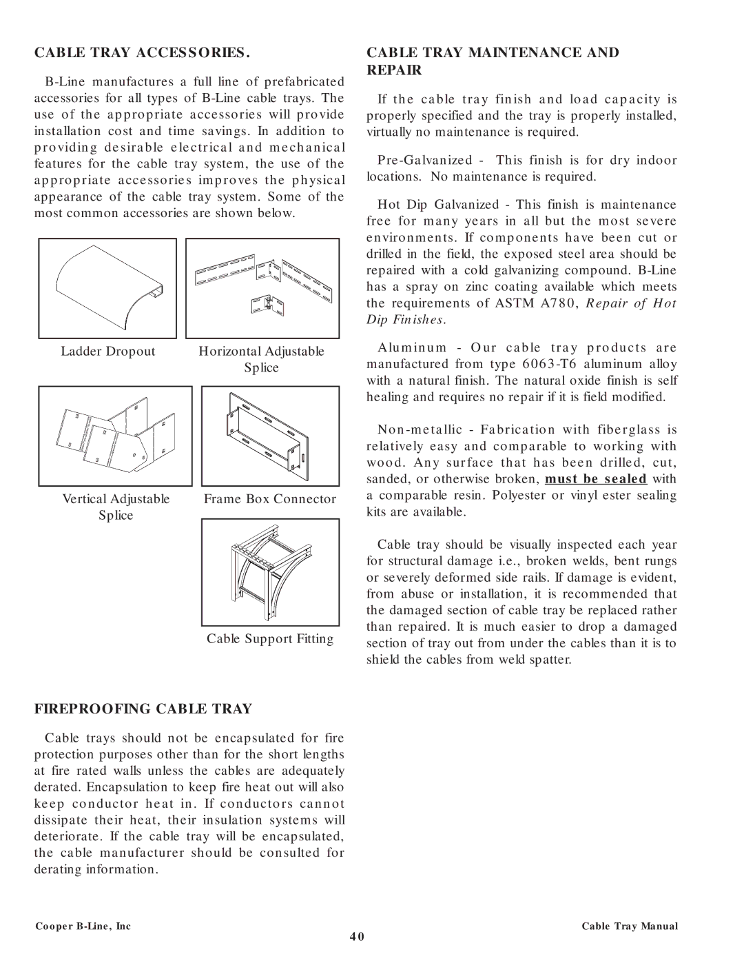 Cooper Bussmann CT02MAN manual Cable Tray Accessories, Cable Tray Maintenance and Repair, Fireproofing Cable Tray 