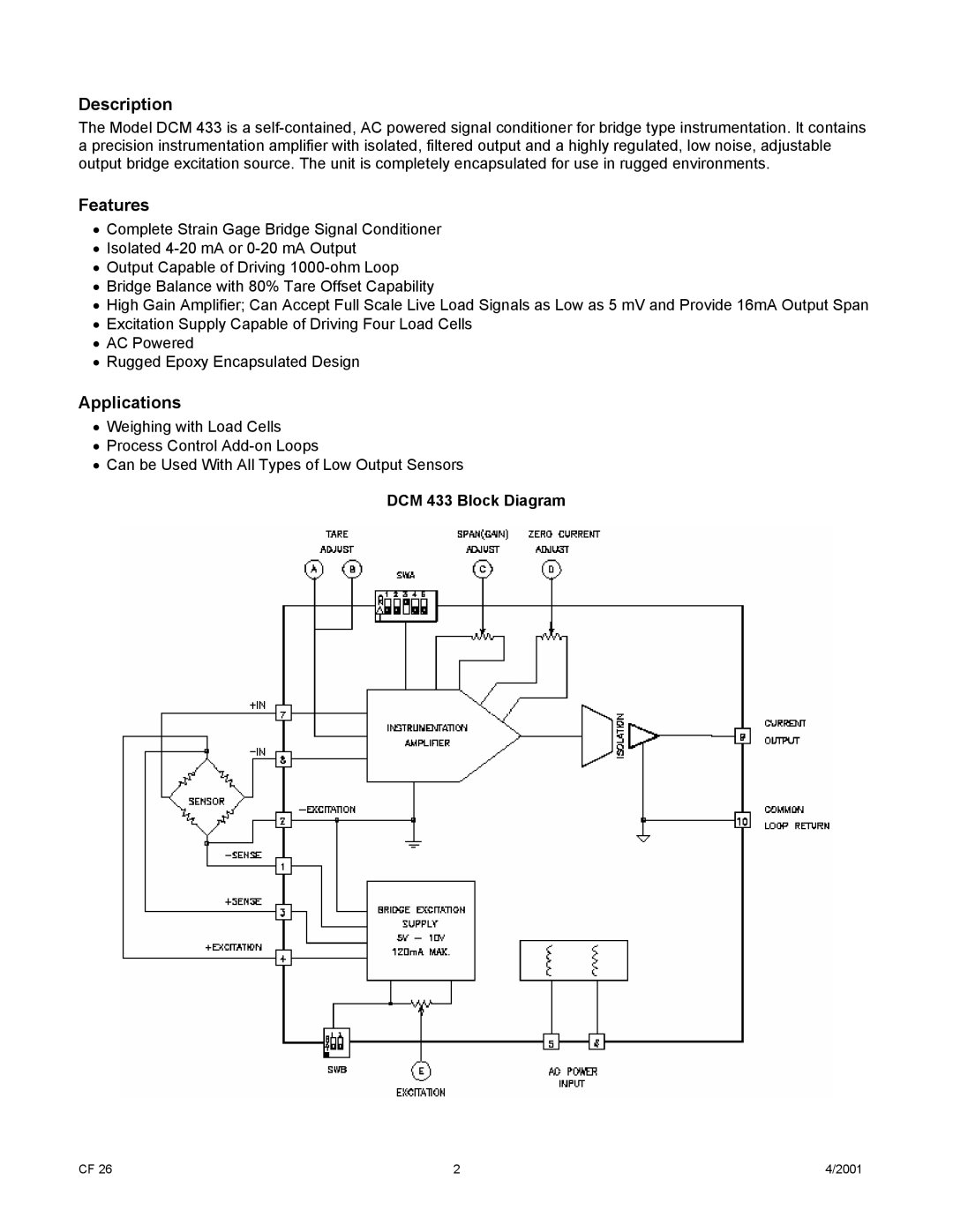 Cooper Bussmann manual Description, Features, Applications, DCM 433 Block Diagram 