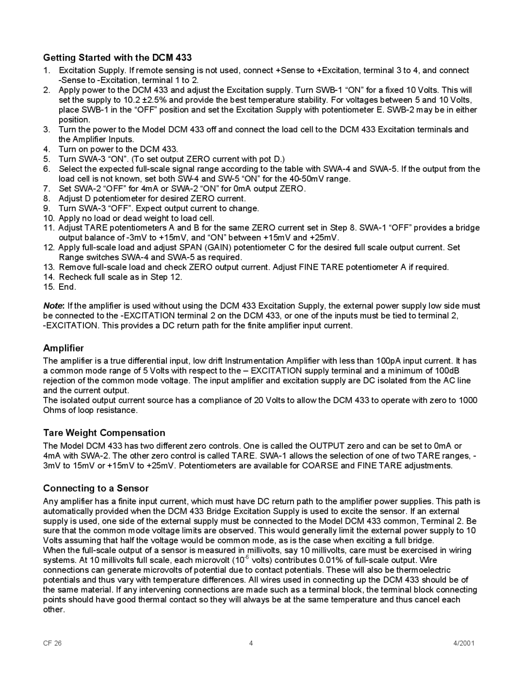 Cooper Bussmann DCM 433 manual Getting Started with the DCM, Amplifier, Tare Weight Compensation, Connecting to a Sensor 