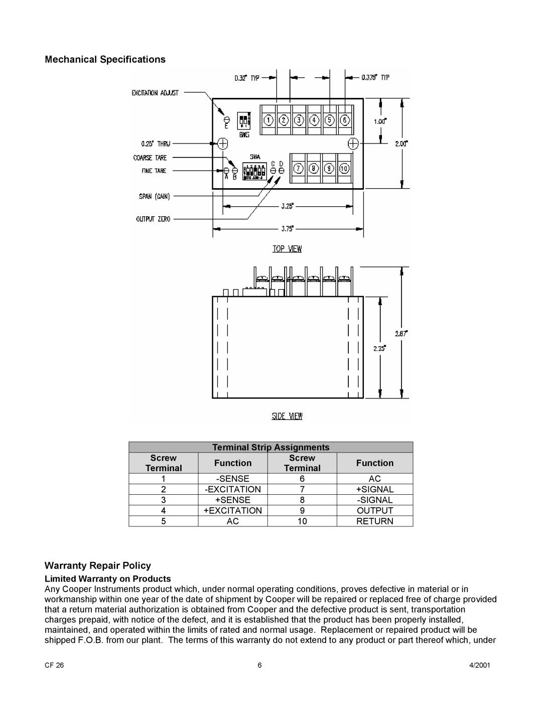 Cooper Bussmann DCM 433 manual Mechanical Specifications, Warranty Repair Policy, Terminal Strip Assignments Screw Function 