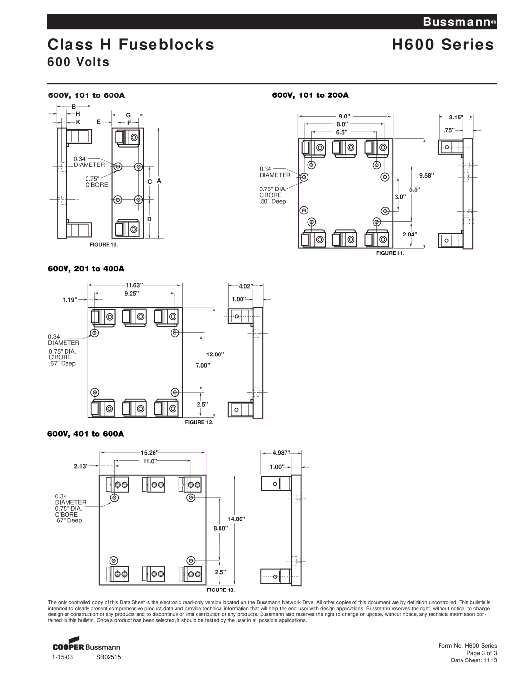 Cooper Bussmann H600 dimensions 600V, 101 to 600A 600V, 101 to 200A, 600V, 201 to 400A, 600V, 401 to 600A 