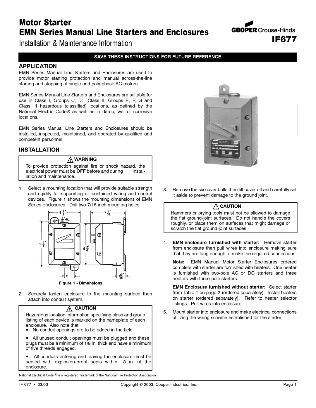 Cooper Bussmann IF677 dimensions Installation & Maintenance Information, Application 