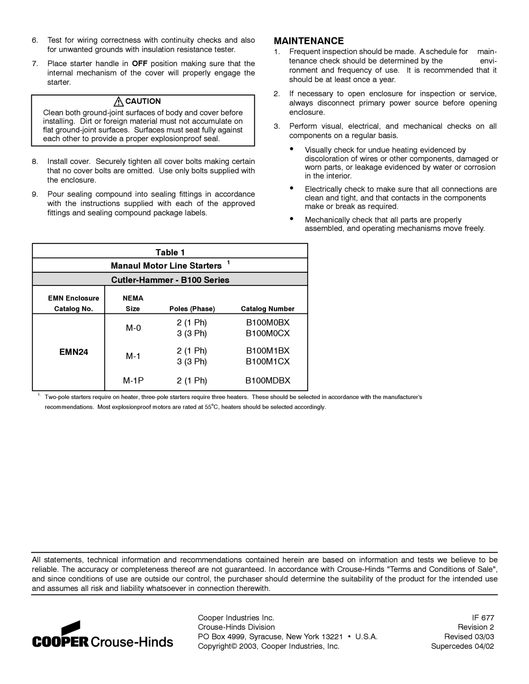 Cooper Bussmann IF677 dimensions Maintenance, EMN24 