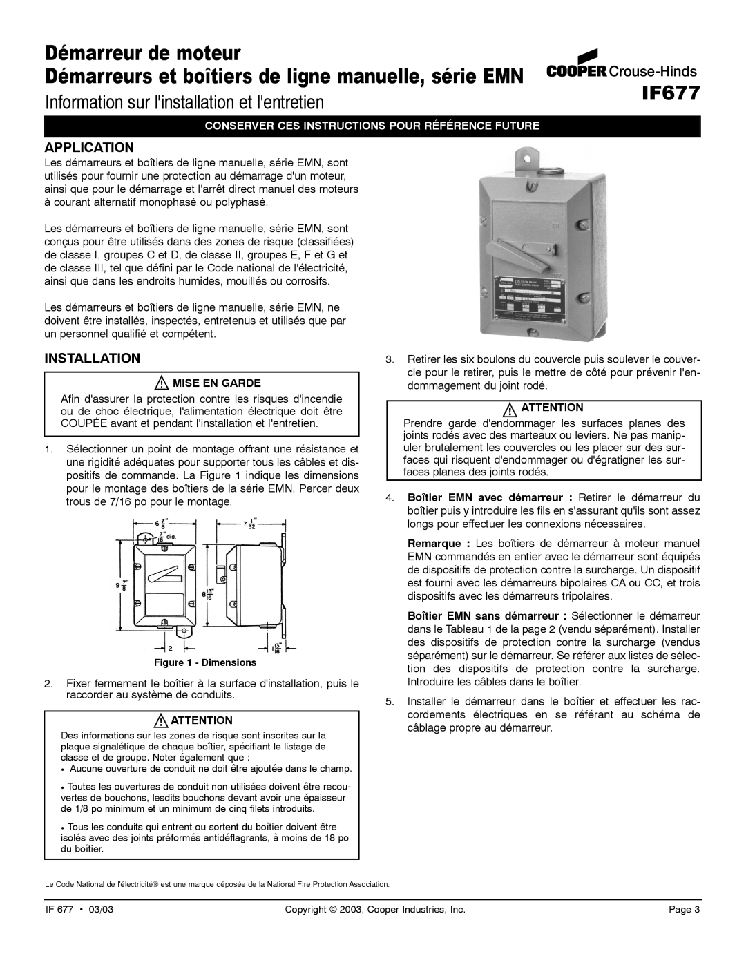 Cooper Bussmann IF677 dimensions Démarreur de moteur, Mise EN Garde 