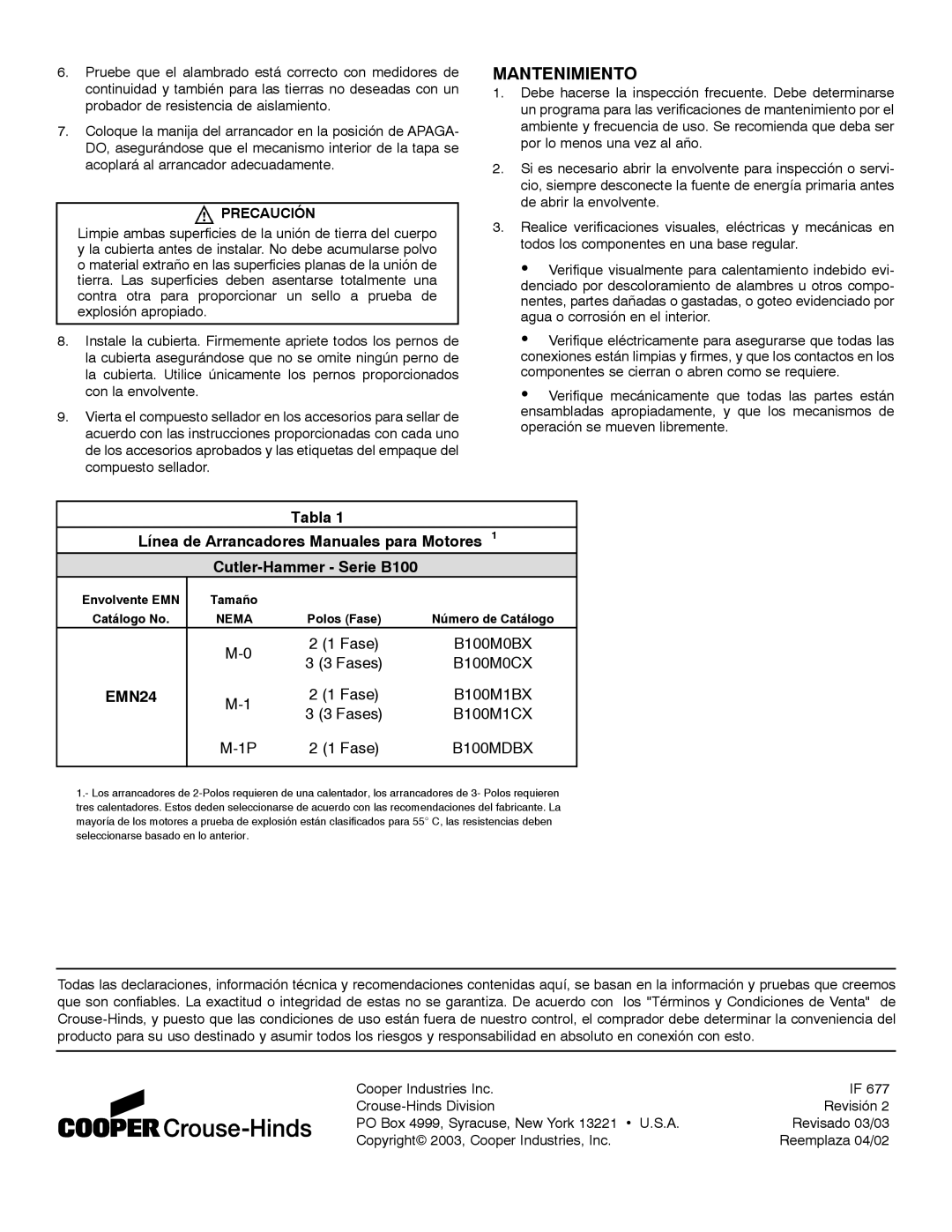 Cooper Bussmann IF677 dimensions Mantenimiento 