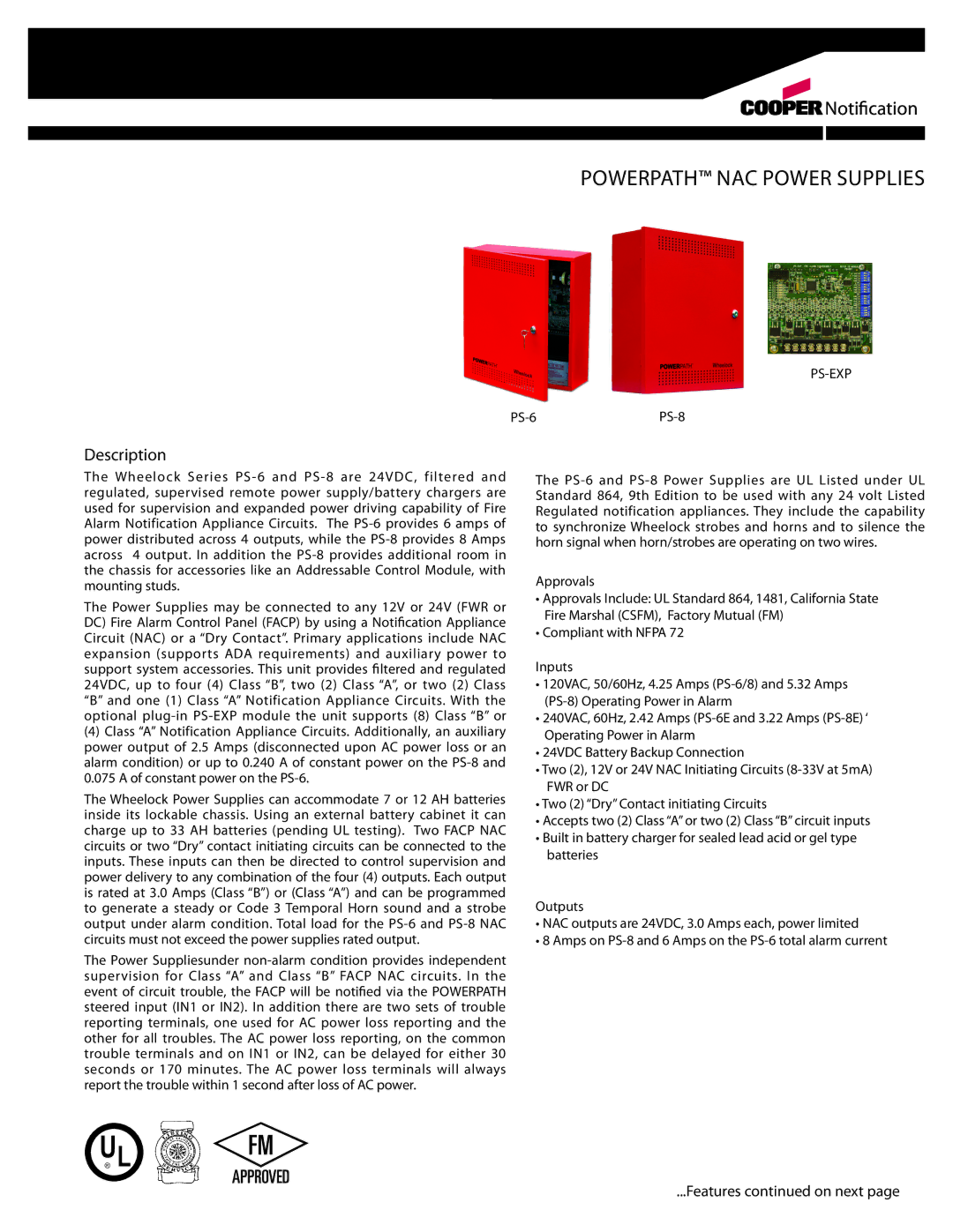 Cooper Bussmann PS-8, PS-EXP, PS-6 manual Powerpath NAC Power Supplies, Notification 