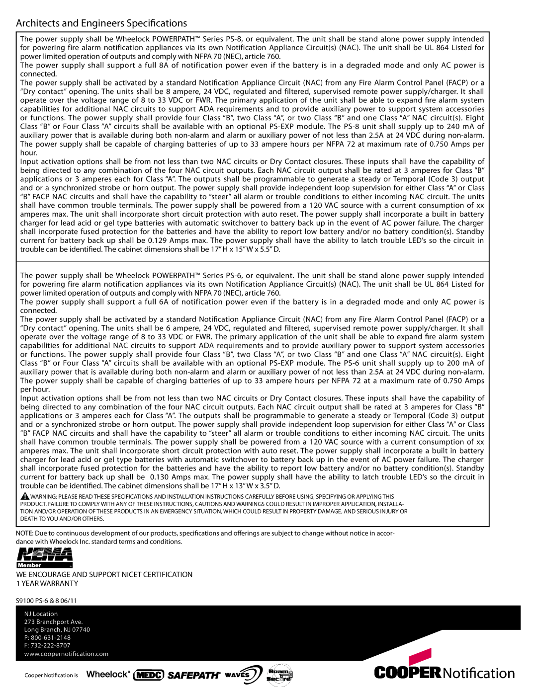 Cooper Bussmann PS-8, PS-EXP, PS-6 manual Architects and Engineers Specifications 