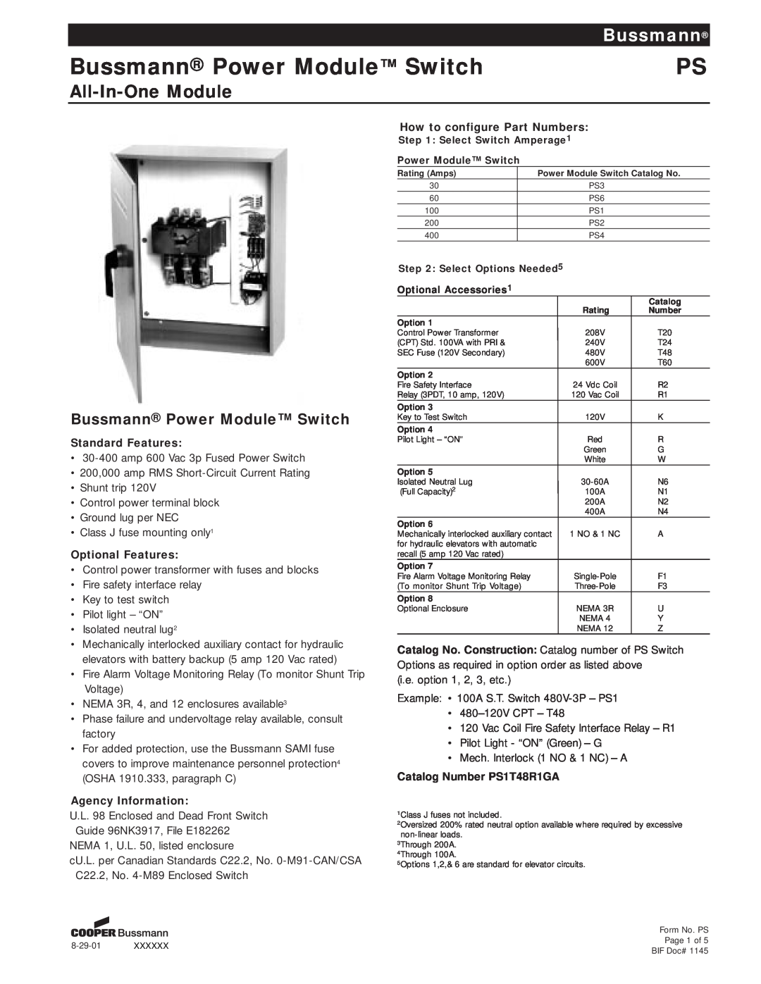 Cooper Bussmann PS manual Bussmann Power Module Switch, All-In-OneModule 
