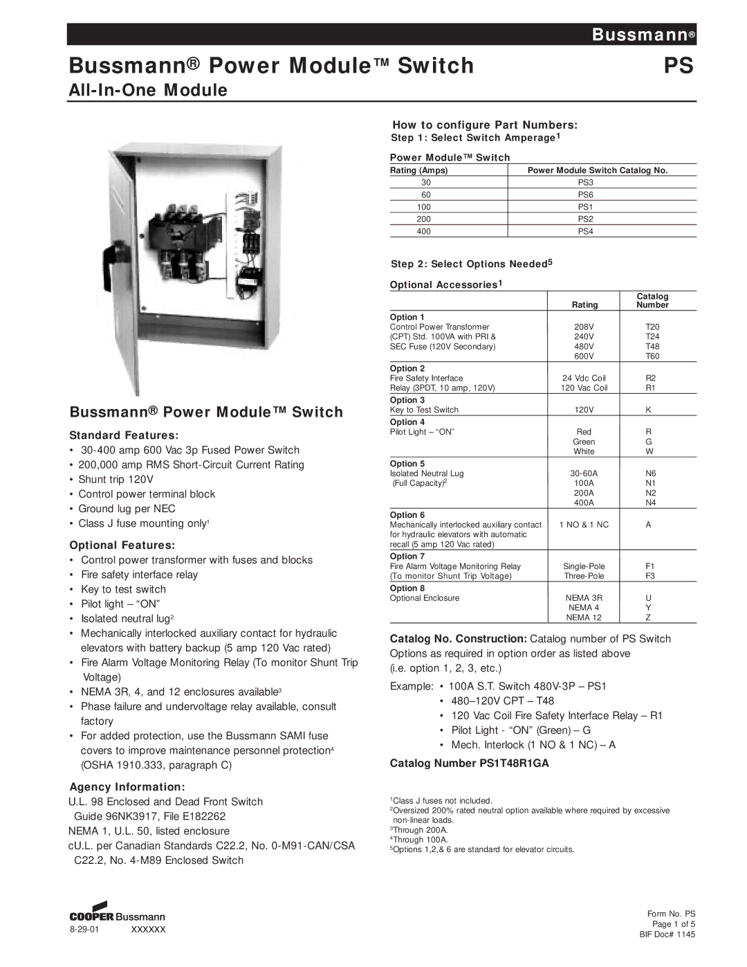 Cooper Bussmann PS manual How to configure Part Numbers, Standard Features, Optional Features, Agency Information 