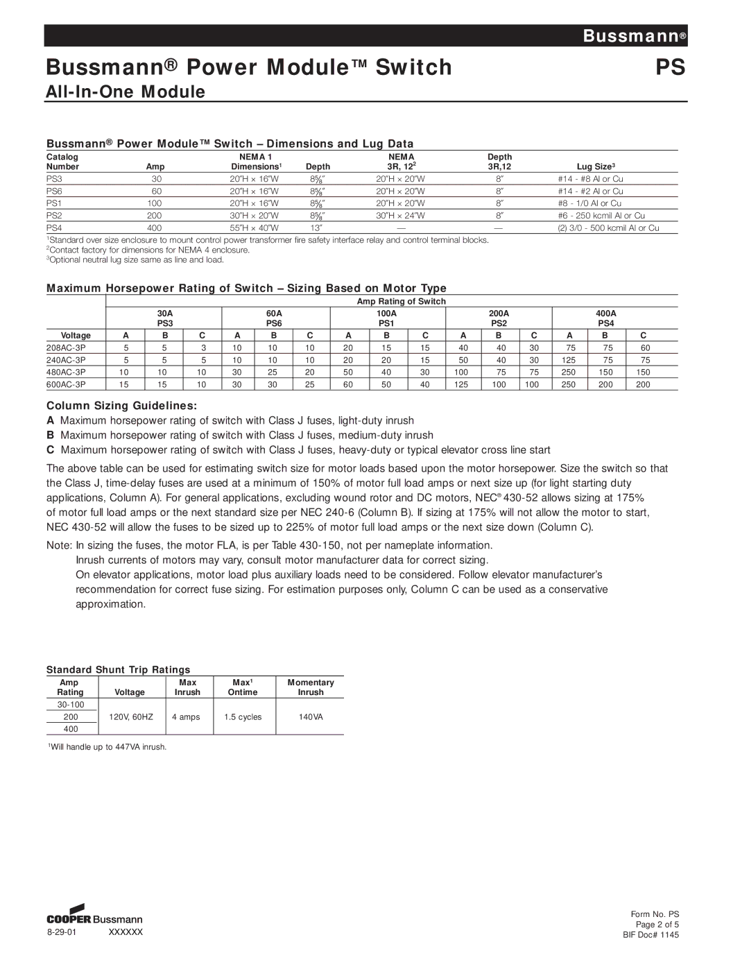 Cooper Bussmann PS manual Bussmann Power Module Switch Dimensions and Lug Data, Column Sizing Guidelines 