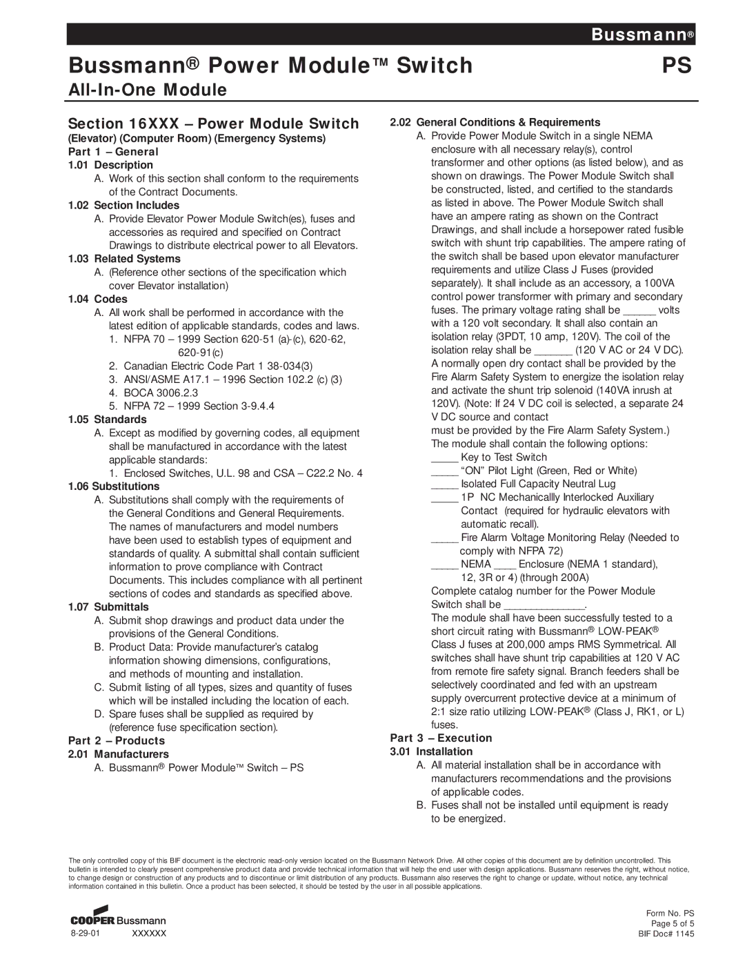 Cooper Bussmann PS manual Section Includes, Related Systems, Codes, Standards, Substitutions, Submittals 