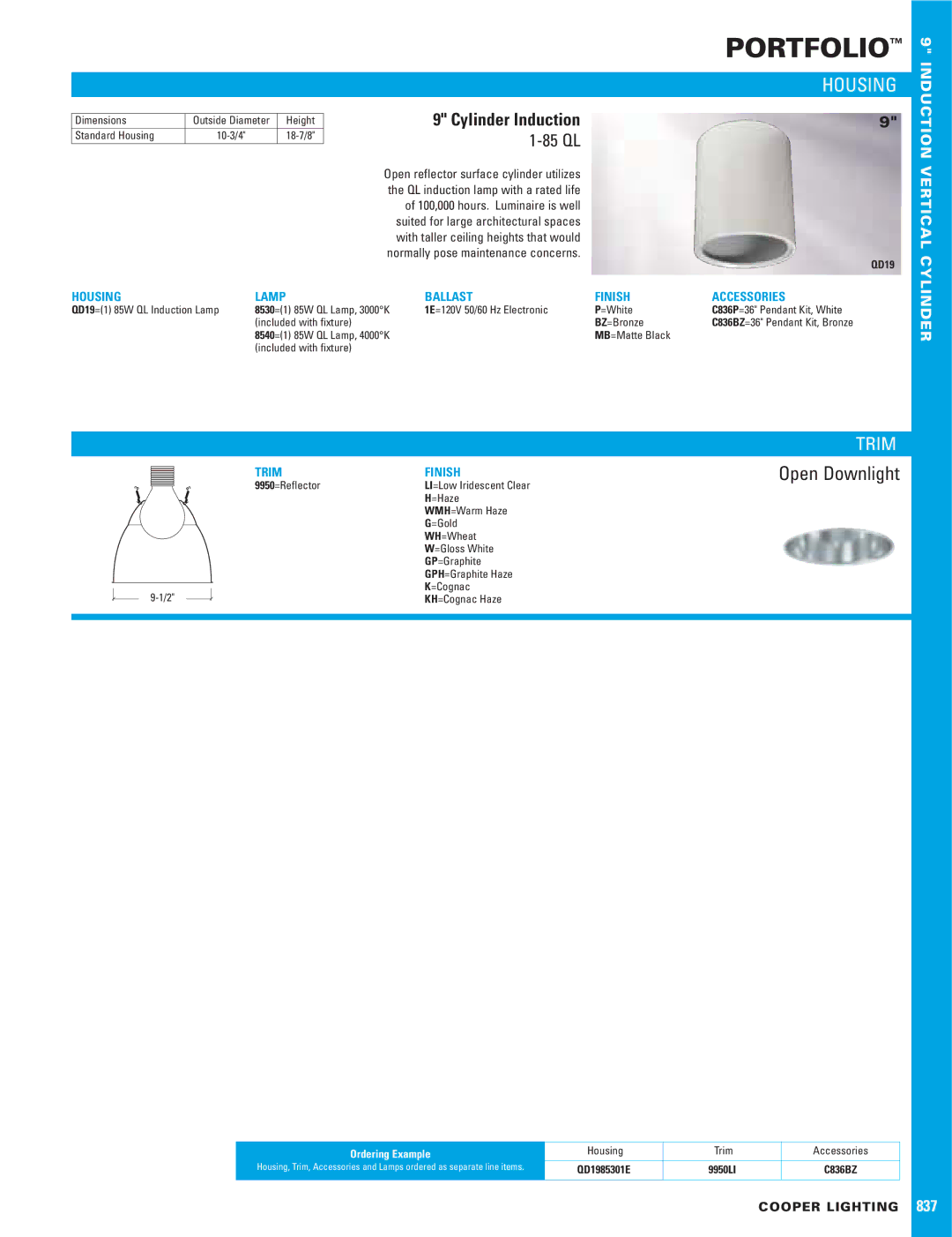 Cooper Lighting 1-85 QL dimensions Portfolio, Housing, Trim, Cylinder Induction 