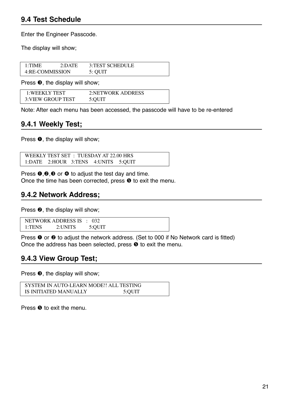 Cooper Lighting 1001 installation instructions Test Schedule, Weekly Test, Network Address, View Group Test 